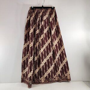 Vintage Batik A-Line Maxi Skirt Long Brown Cream Elastic Waist